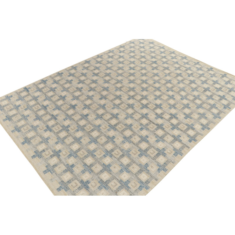 Scandinavian Rug In Blue, Greige Geometric Pattern By Rug & Kilim, Rectangle 9' x 12'