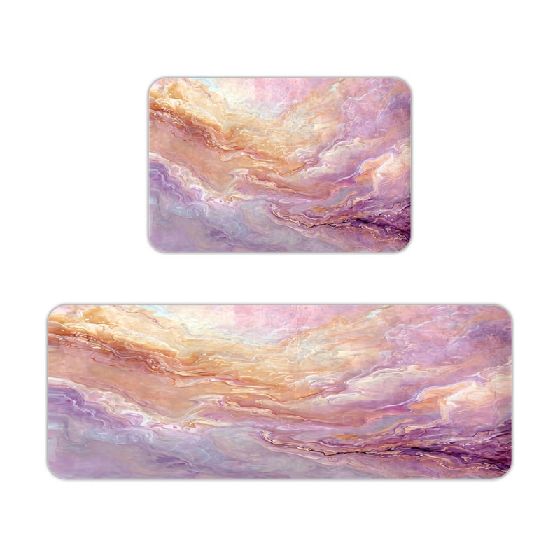 Tapis de cuisine rose et mauve à texture de marbre 2 pièces