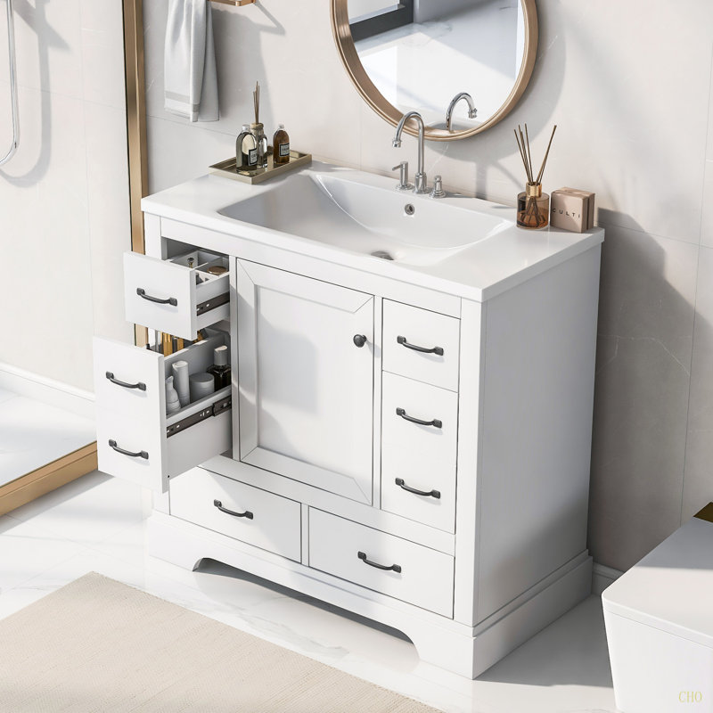 Ensemble de meuble-lavabo 36 po avec évier, six tiroirs, diviseur de tiroir multifonctionnel, tablette réglable, Blanc