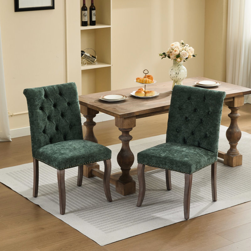 Lot de 2 chaises de salle à manger rembourrées en chenille olive, revêtement en similicuir haut de gamme, design ergonomique, forme incurvée, idéales comme chaise d'appoint pour un bureau ou une chambre, assise confortable en mousse à mémoire de forme, rivets classiques