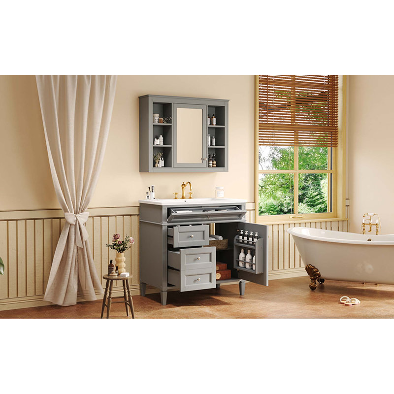 Ensemble de meuble-lavabo moderne avec porte, 3 tiroirs et armoire à pharmacie Modern, Gris