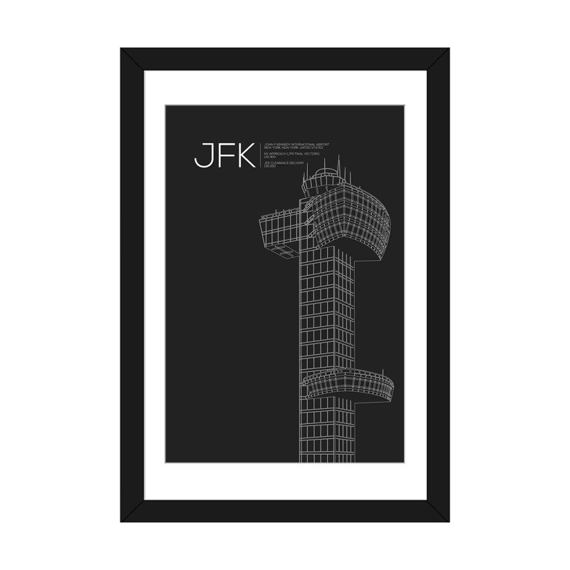 Reproduction d'art graphique sur toile, "New York (JFK)", Papier d'art encadré noir, Blanc, H 24 po x l 16 po x P 1 po
