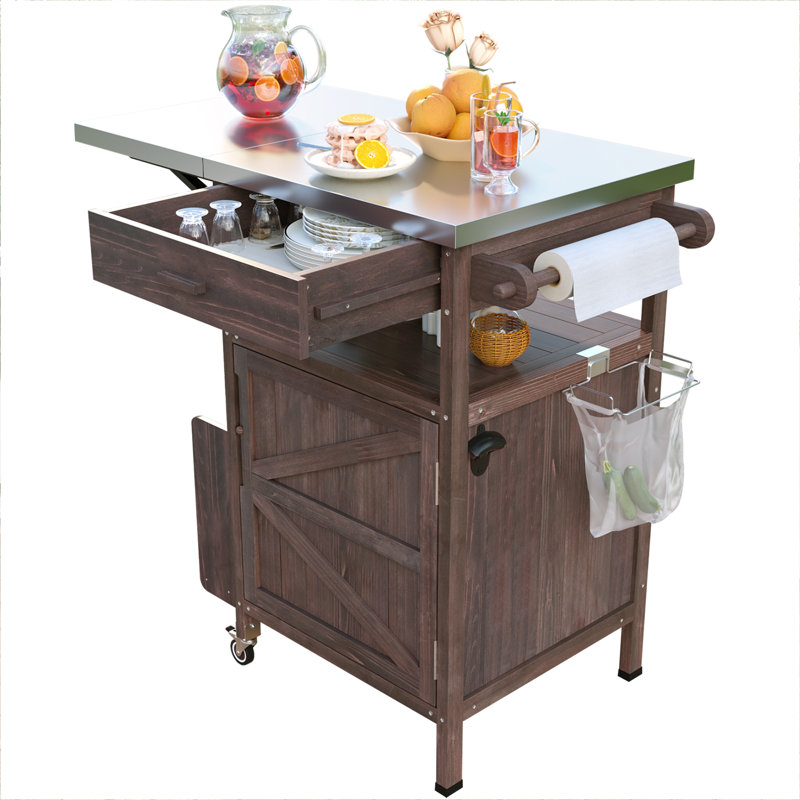 40.5" Outdoor Grill Cart with Stainless Steel Top, Solid Wood Outdoor Storage Cabinet with Drop Leaf, One Drawer, Towel Rack, Rolling Kitchen Cart with Lockable Wheels for Lawn Garden, Brown