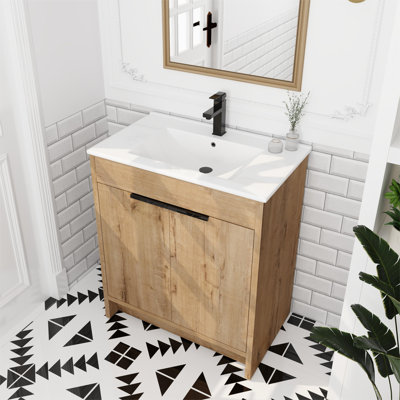 Meuble-lavabo simple 30 po avec dessus en céramique Kinslie, 2 portes à fermeture douce et 1 tablette réglable