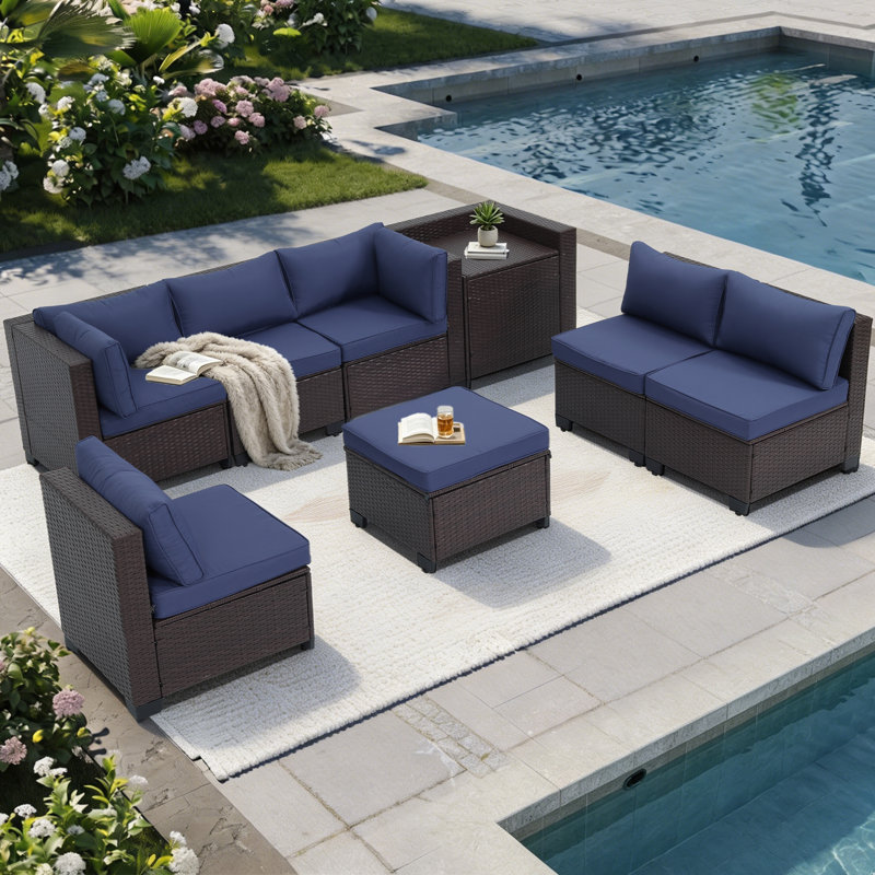 Ensemble de mobilier d'extérieur, ensemble de patio 8 pièces en osier avec boîte de rangement, Dark Blue