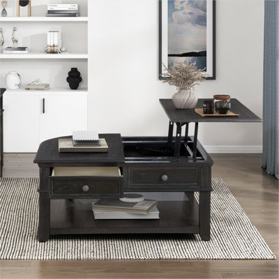 Table basse à plateau relevable en bois gris anthracite avec tiroir de rangement et tablettes ouvertes pour des salons confortables