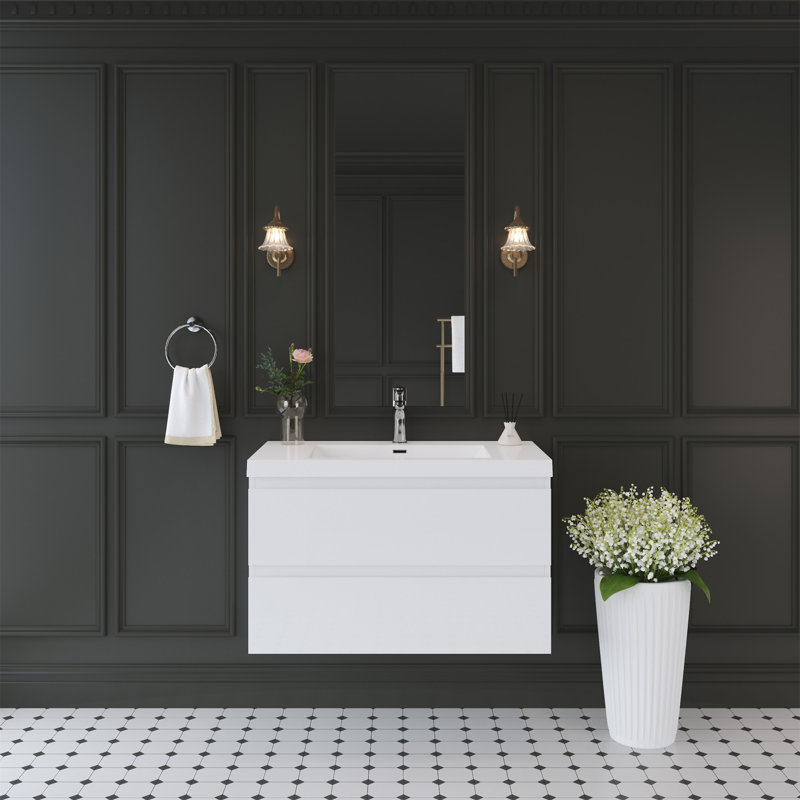 36" Floating Bathroom Vanity With Sink, Glossy White, 35"