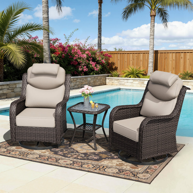 Adcox 2-Person Outdoor Patio Conversation Rattan Sets  With Side Table,Neck & Lumbar Pillows 2 Swivel Chairs and Beige Cushions