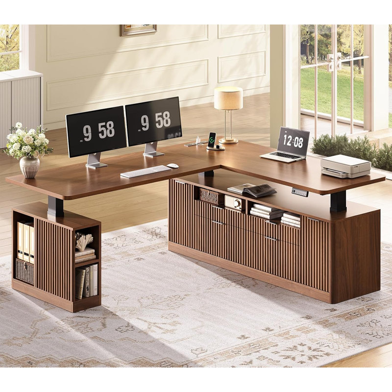 L Shaped Electric Standing Desk, 69" X 55"Height Adjustable Office Executive Desk, Brown