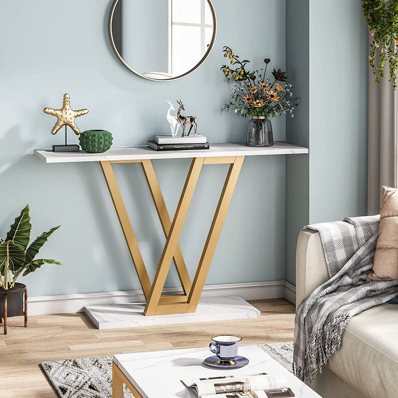 Gold and White Faux Marble Console Table with V-Legs