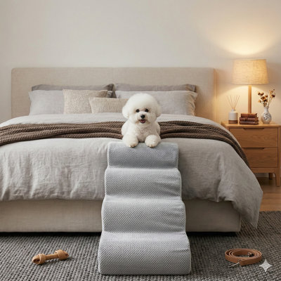 Pet Steps for Both Canines and Felines, Four-Level Design for Beds 19.6 Inches Tall, Non-Slip Surface, Cover Removable and Washable, Grey Finish