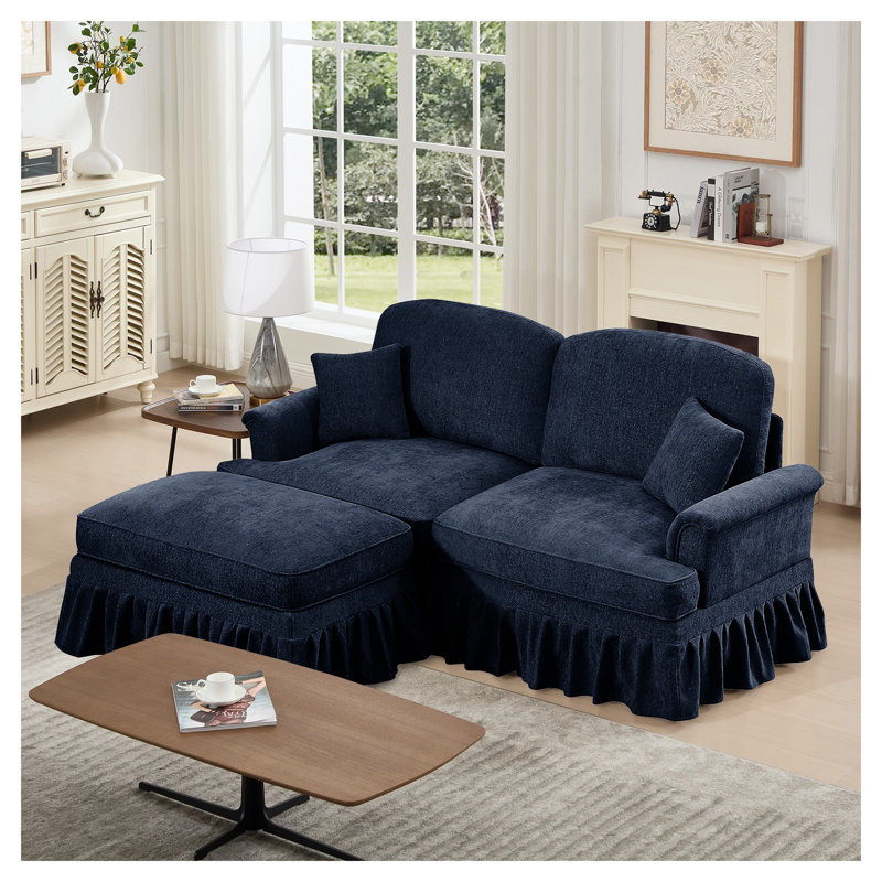 Élégant canapé modulaire en L en chenille bleue avec jupes détachables et pieds fuselés, Bleu, Bois brun foncé