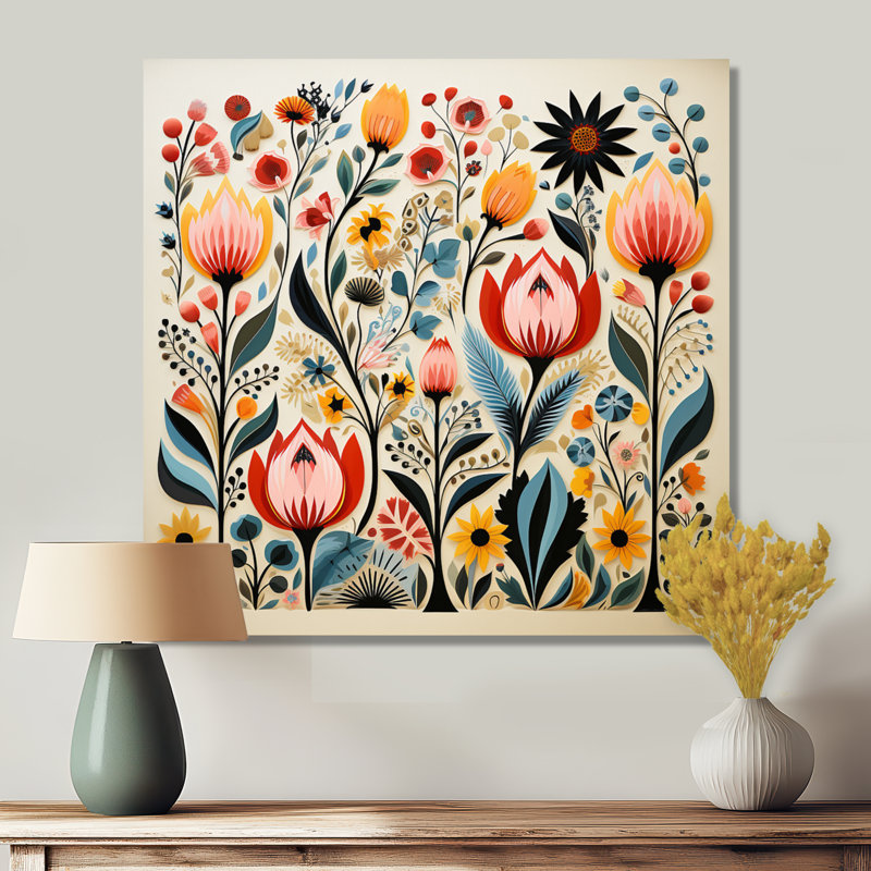 «Retro Vibrant Spring Flowers I - Wildflowers», reproduction d'art murale, Toile tendue, H 36 po x l 36 po x P 1,5 po