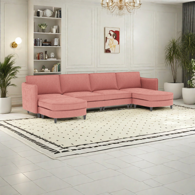 Canapé de 141,5 pouces à 6 places de 141,5 po, canapés en U avec repose-pieds mobile, accoudoirs avec poches, canapés modernes en tissu pour le salon, appartement, bureau