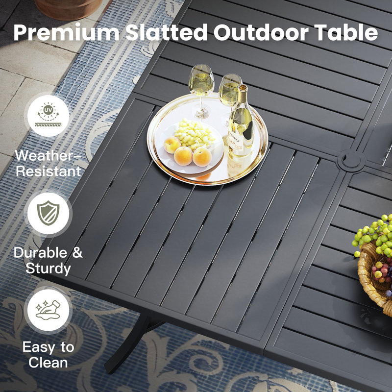 59.1" Square Patio Dining Table With Umbrella Hole, Black Top/Black Base
