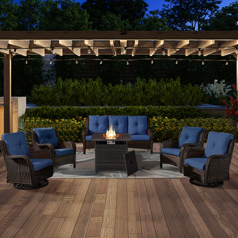 Schutt 7 - Person Outdoor Wicker/Rattan Seating Group with Fire pit and Cushions, Blue, Brown