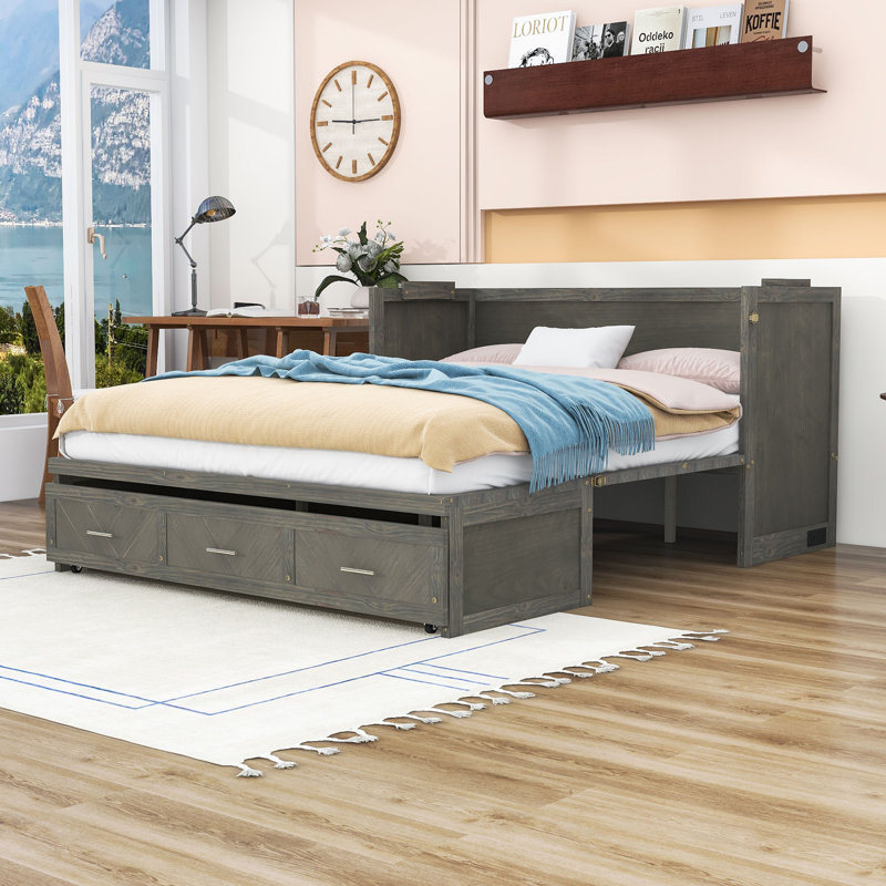 Grand lit escamotable en bois avec station de charge intégrée et tiroirs de rangement, Gris