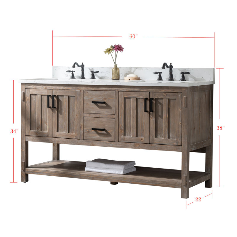 Ensemble de meuble-lavabo double 60 po avec plateau en pierre reconstituée Marissa, Épinette brune