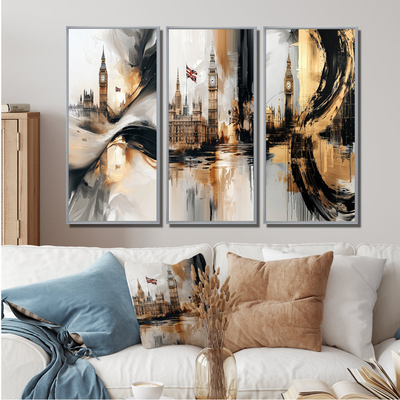 Big Ben Glow In England I - Collection d'art mural Angleterre, H 28 po x l 36 po, Impression encadrée flottante, Argent