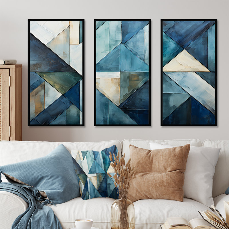Nautique, formes géométriques blanches et bleues I - art mural géométrique, H 28 po x l 36 po x P 1 po, Cadre flottant noir