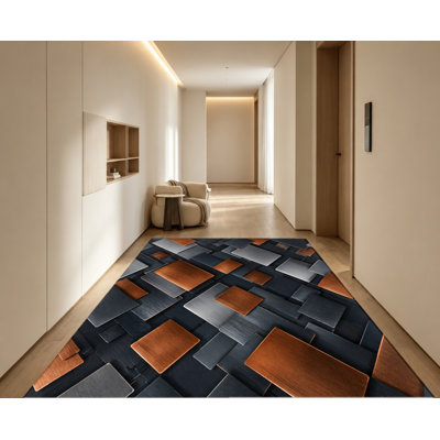 Tapis géométrique abstrait moderne, à carrés gris et orange métallisés, antidérapant, design artistique pour la décoration intérieure du salon, de la chambre, de l'entrée, de la cuisine, du balcon ou d'un appartement.