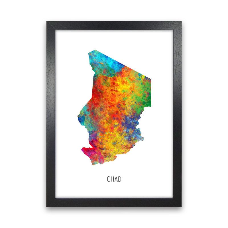Chad Watercolour Map by Michael Tompsett - Print, Black Framed, 34cm H x 25cm W x 3cm D
