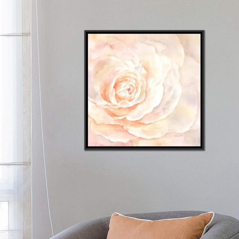 « rosé rose gros plan i », reproduction sur toile, H 18 po x l 18 po x P 1,5 po, Toile avec cadre noir, Pas de tapis