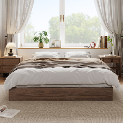 Queen Size 7.68" Low Profile Platform Bed Frame, Wooden Slat Support, No Box Spring Needed Modern Minimalist Headboard-Free Bed Base for Bedroom, Walnut