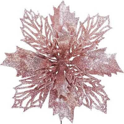 30 Pcs Christmas Glittered Mesh Holly Leaf Artificial Poinsettia Flowers Picks Tree Ornaments 4" W for Christmas Tree Wreath Garland Floral Gift Winter Wedding Holiday Decoration