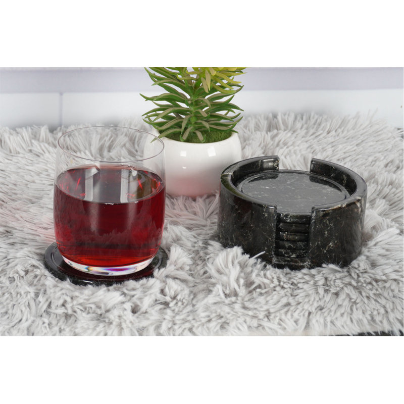 Ensemble de sous-verres ronds noirs faits à la main avec support (ensemble de 6), Noir