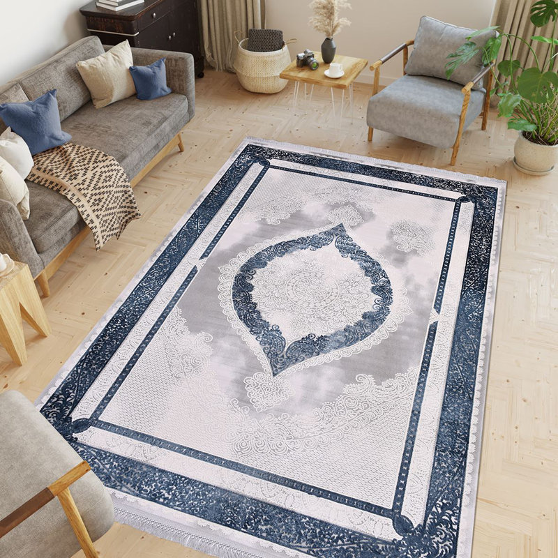 Tapis oriental beige / bleu lavable à la machine, Rectangle 5 pi 3 po x 7 pi 9 po