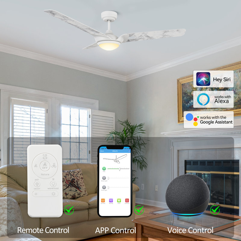 Ventilateur de plafond standard à DEL à 3 pales 56 "avec télécommande et ensemble d'éclairage inclus Fronniah, Marbre blanc