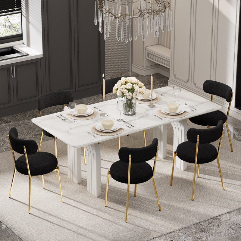 Ensemble de salle à manger moderne pour 6 personnes, table rectangulaire en MDF et chaises de salle à manger en tissu à motifs d'oursons pour la cuisine de la maison