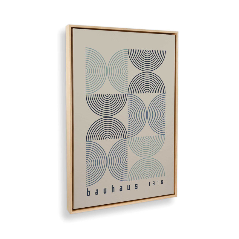 Affiche de composition Bauhaus, Cadre américain en érable flottant, H 12,75 po x l 8,75 po, Beige / bleu / bleu foncé