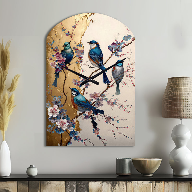 Multicolore oiseaux sur prunier II - horloge murale asymétrique en métal, Grand