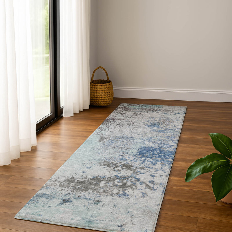 Premium Machine Washable Mayfield AMF2070 Abstract Rug, 2'3" x 7'6" Runner, Turquoise