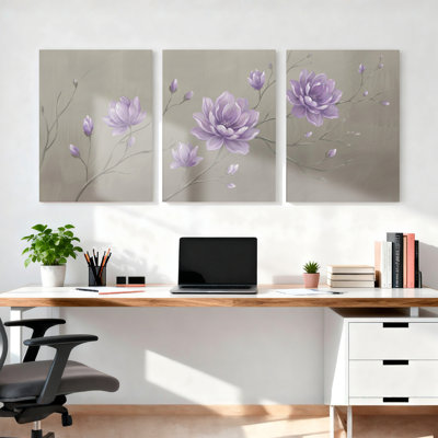 Ensemble de 3 tableaux muraux sur toile tendue représentant des fleurs de magnolia violet, pour la décoration du salon et de la chambre à coucher.