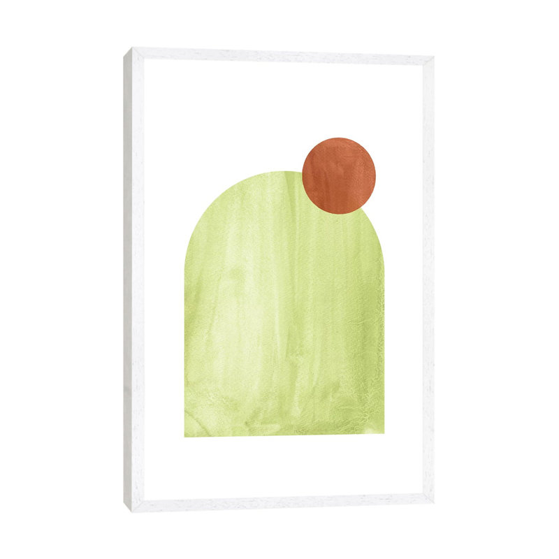 Green And Terracotta Shapes by Whales Way - Painting on Canvas, 66.04cm H x 45.72cm W x 3.81cm D, White Framed