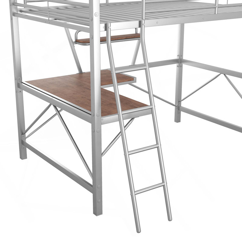 Lit en bois et panneau de fibres à densité moyenne avec bureau et tablette Loft, Argent argent, Lit double
