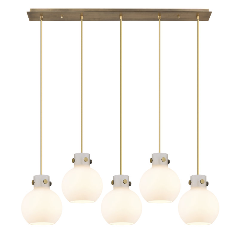Luminaire suspendu sphère 5 lumières Amrith, Laiton brossé, Blanc
