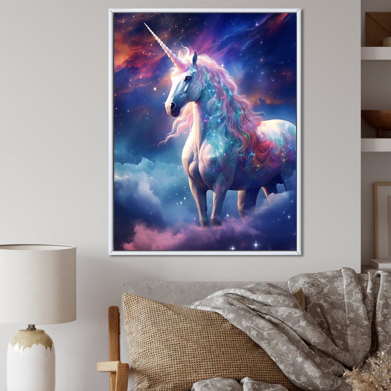 Magie de licorne cosmique mauve sur toile, H 32 po x l 16 po x P 1 po, Cadre flottant blanc