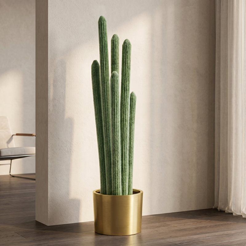 4' Artificial Cactus in Gold Metal Pot
