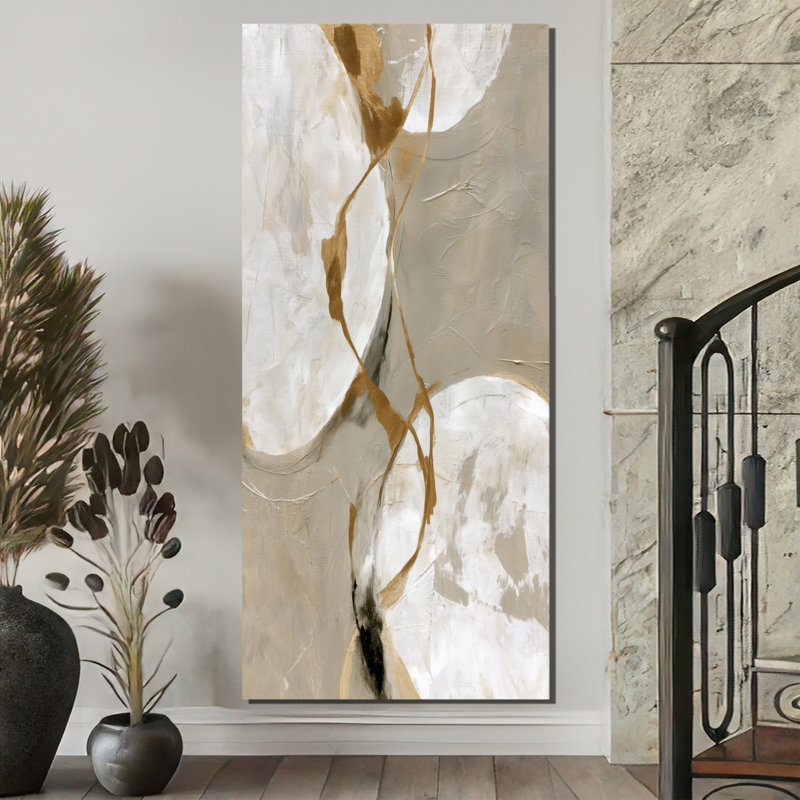 «Gold White Abstract Modern Shapes», reproduction d'art sur toile, art mural moderne doré, H 60 po x l 28 po, Toile tendue