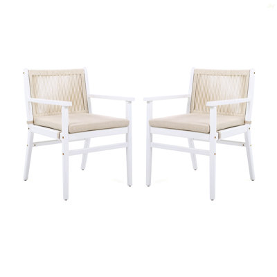 Outdoor Dining Chairs Set Of 2, Acacia Wood Patio Armchair With Rope Design Back And Water Repellent Cushion, White Frame, 400Lbs Weight Capacity