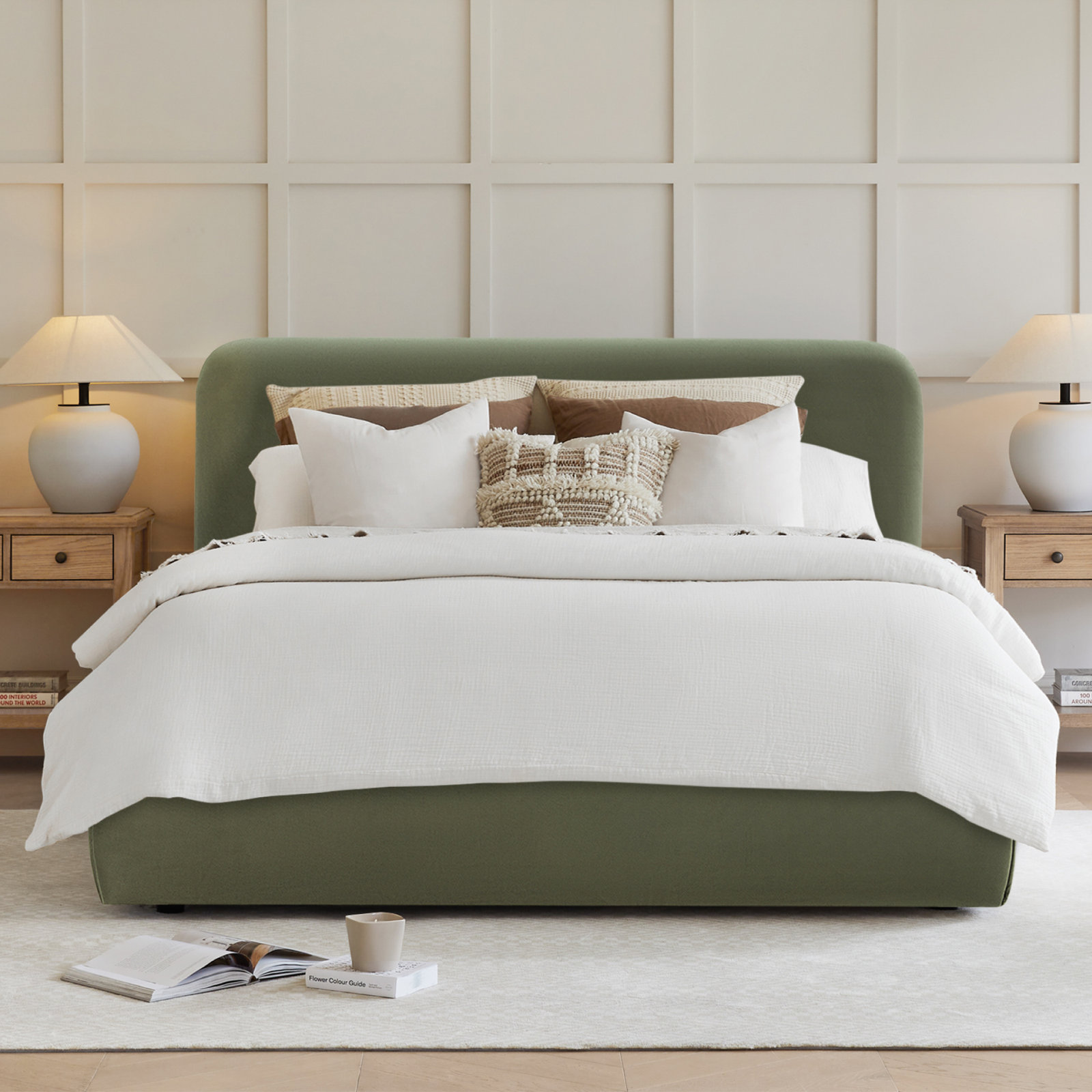 Bella Linen Upholstered Bed, Queen, Soren Olivine Performance Velvet