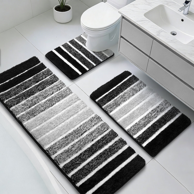3 Piece Absorbent Non-Slip Bath Rug Set Bathroom Mats, Black