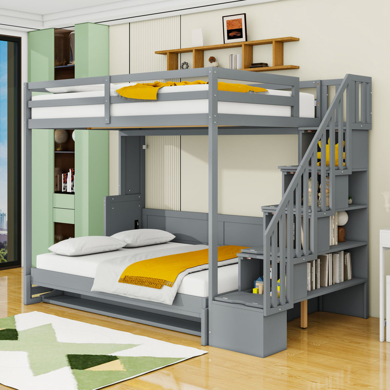 Full Over Full Murphy And Loft Bed Combination With Hydraulic System And Hidden Desk, White