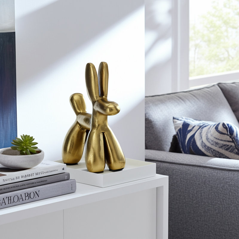 Jaciyah Modern Metal Figurines Aluminum Abstract Animal Design 8" Tall Gold Finish Decorative Accent for Home Office Living Room Shelf or Table Display Set of 2