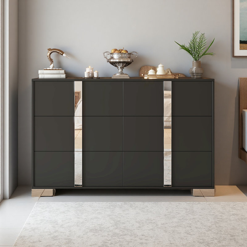 Commode élégante avec pieds en métal, armoire de rangement à miroir avec 6 tiroirs pour la chambre à coucher et le salon