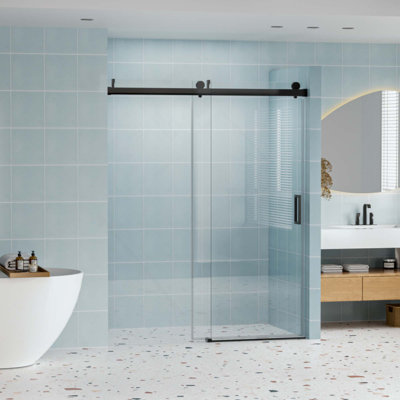 Porte de douche coulissante simple sans cadre à fermeture en douceur, verre trempé de 1/4 po (6 mm) avec film antidéflagrant